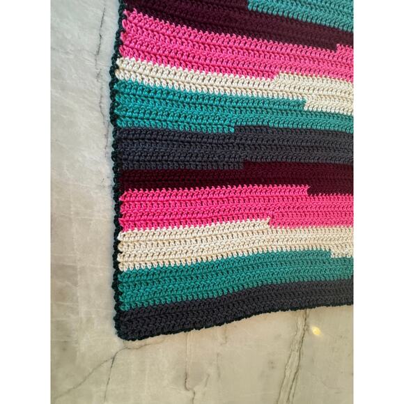 Hand Crocheted Shawl Large Eclectic Grandma Multicolor Striped Cabincore 46x22 - Picture 4 of 8